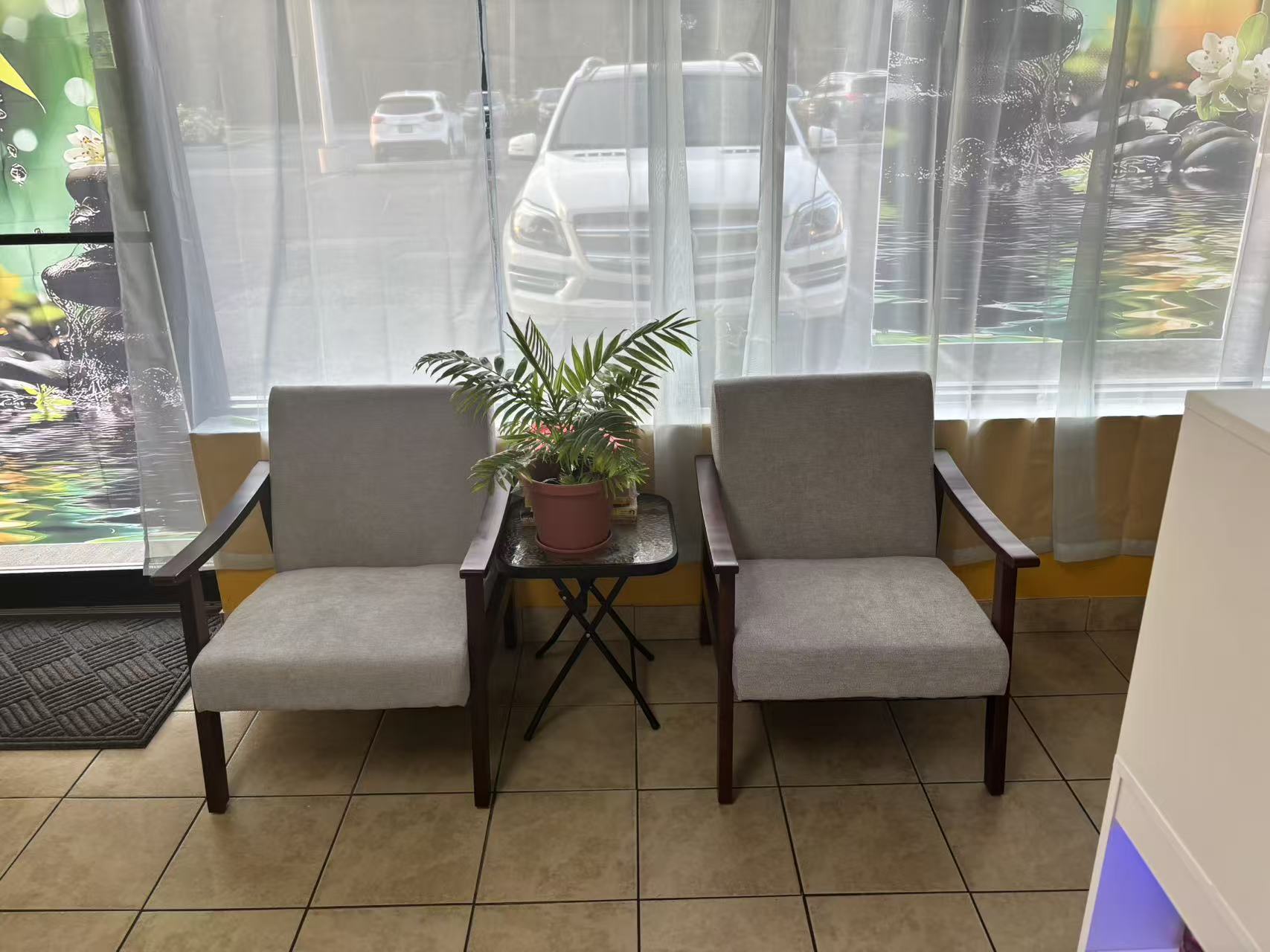 Bright reception seating area with armchairs and plants at Fang Fang Spa