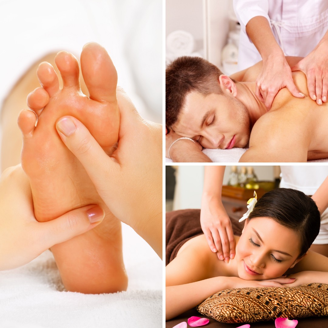 Hot stones, essential oils and towels arranged for a combination massage