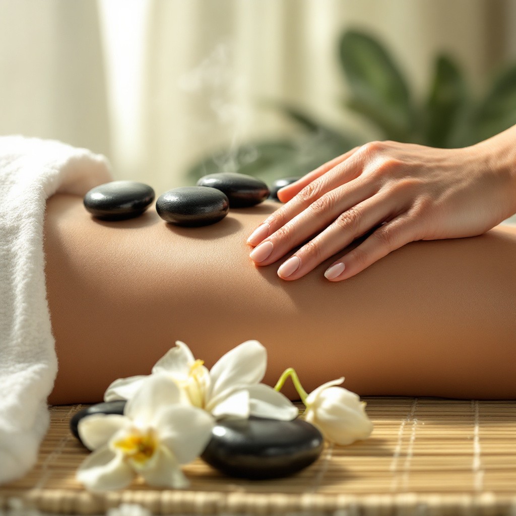 Heated basalt stones placed along the back during a hot stone massage